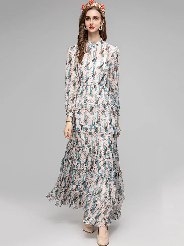 Raya Women's Stand Collar Cascading Ruffles High Waist Slim Long Dress