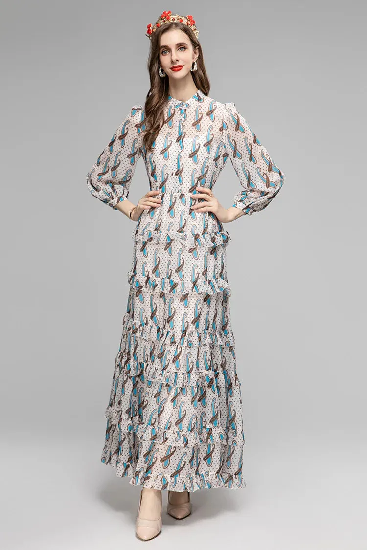 Raya Women's Stand Collar Cascading Ruffles High Waist Slim Long Dress