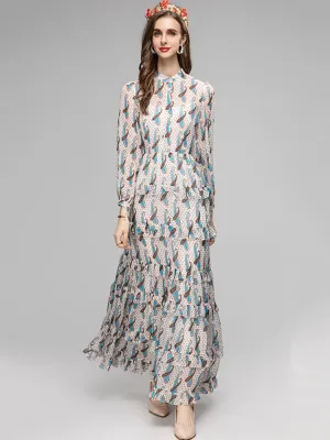 Raya Women's Stand Collar Cascading Ruffles High Waist Slim Long Dress