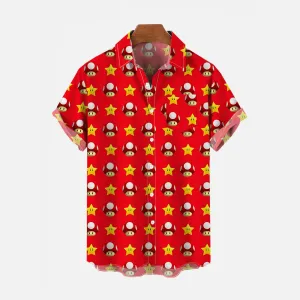 Red Cartoon Mushroom And Star Short Sleeve Shirt