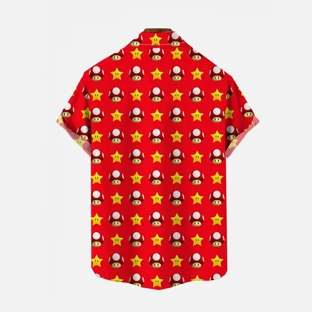 Red Cartoon Mushroom And Star Short Sleeve Shirt