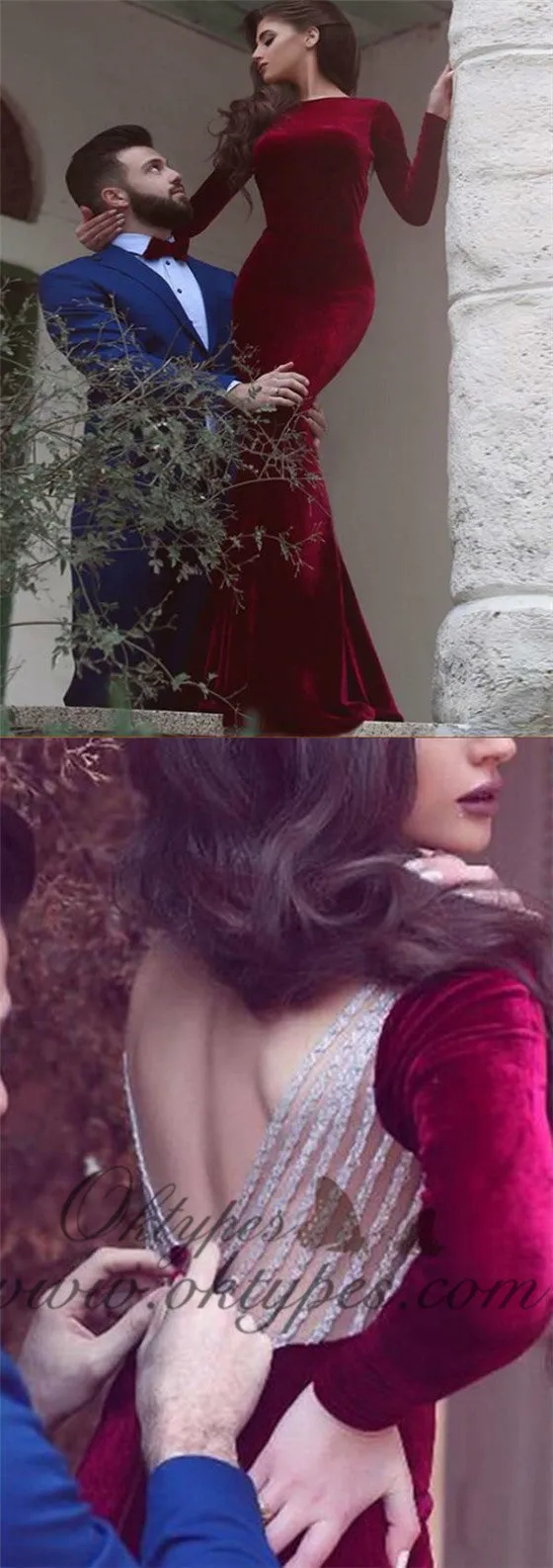 Red Elegant Long Sleeve Long Cheap Mermaid Prom Dresses, TYP1464