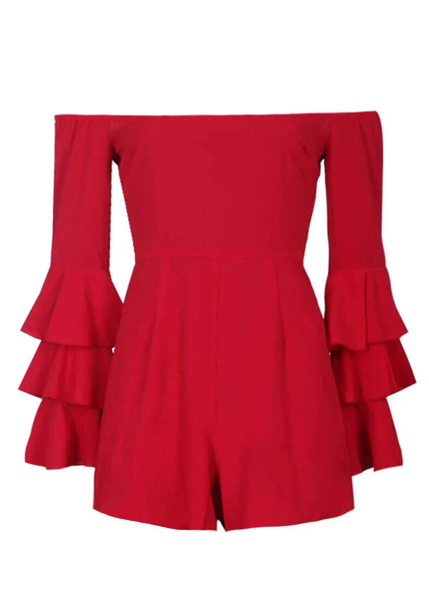 Red Ruffle Sleeve Playsuit