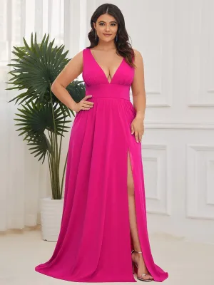 Robe de Bal Grande Taille Sans Manches Col en V Taille Empire Fendue au Sol