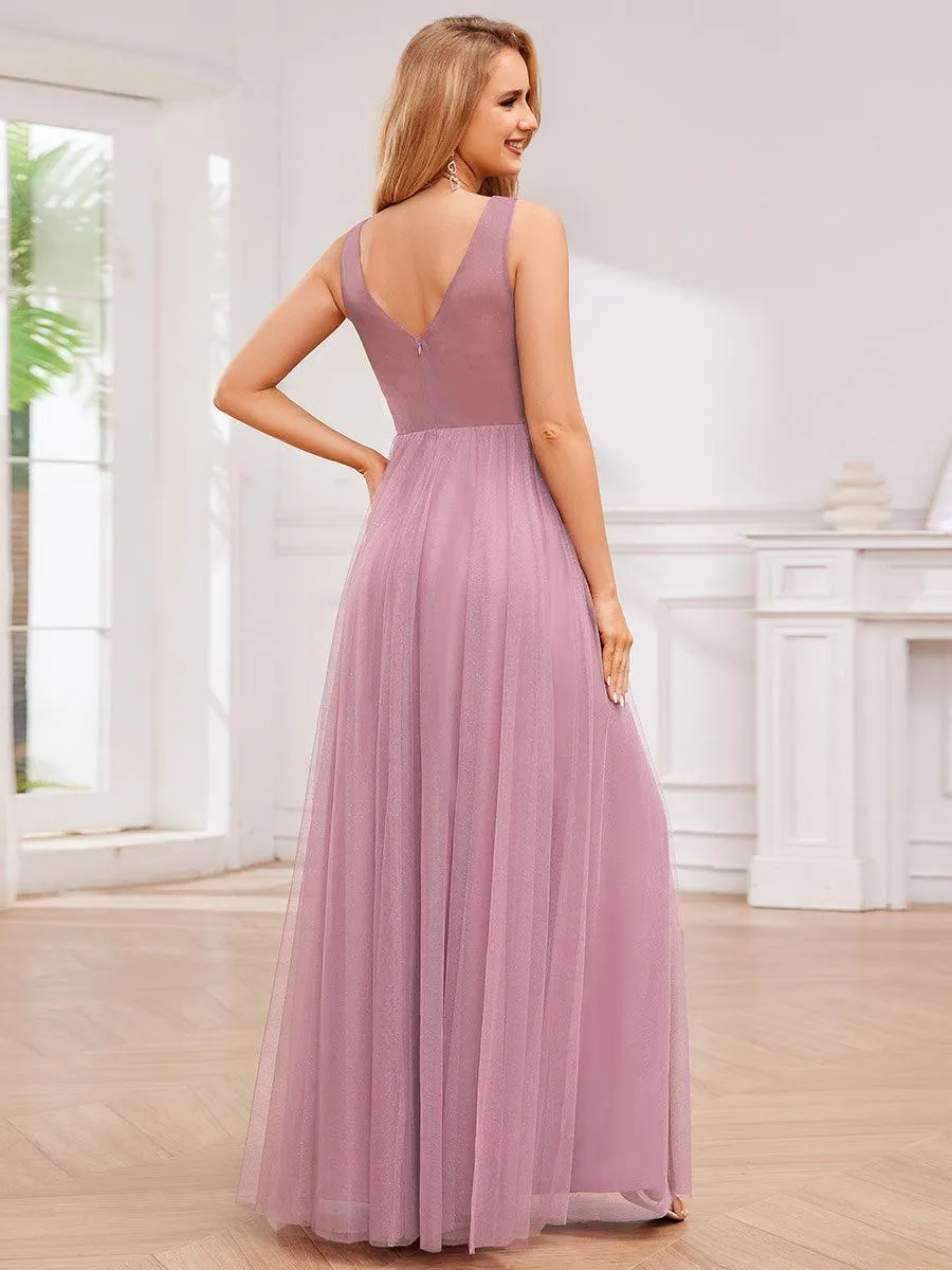Robe de demoiselle d'honneur scintillante taille haute et fente avec col en V