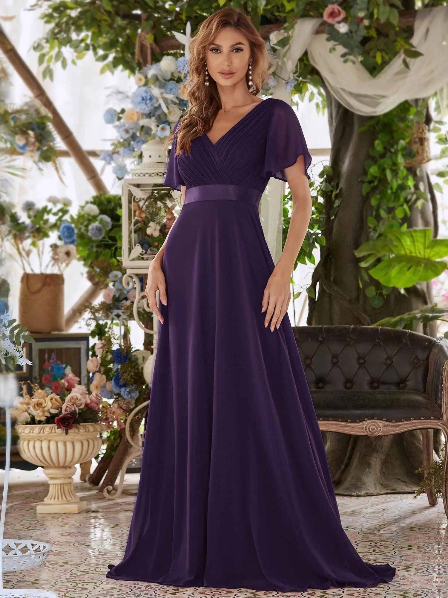 Robe de soirée fluide élégante en mousseline à taille haute