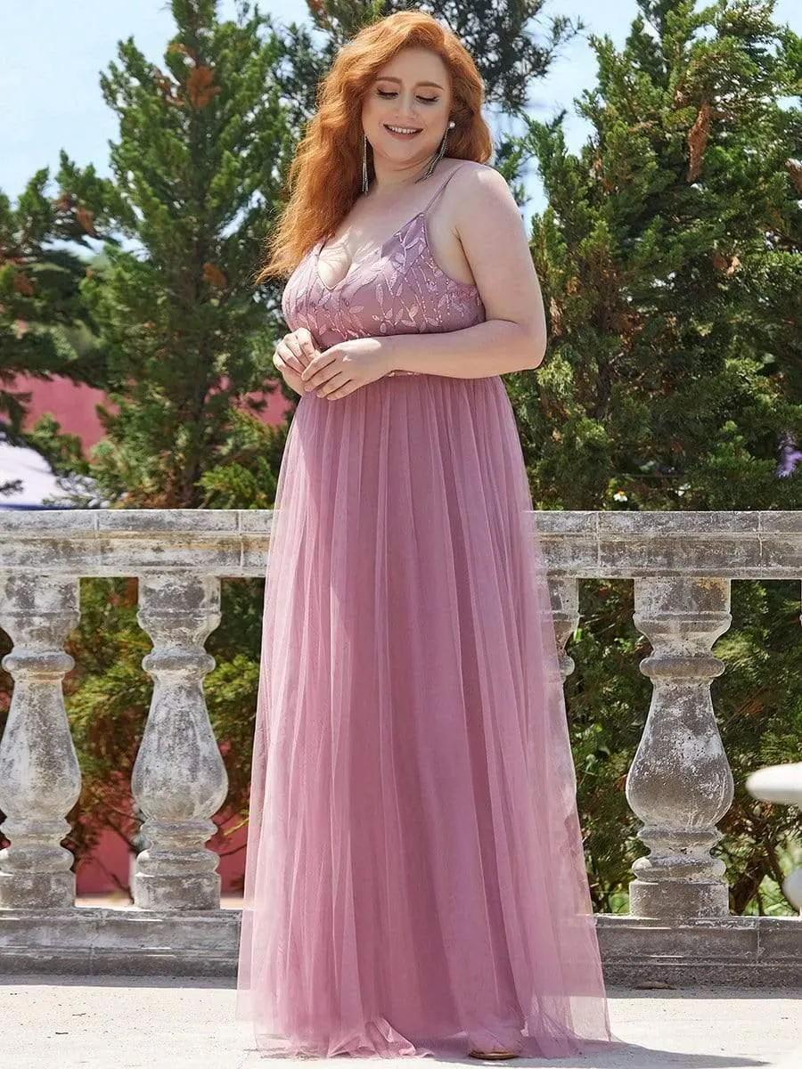 Robe de soirée maxi à bretelles spaghetti à sequins et à col en V de grande taille