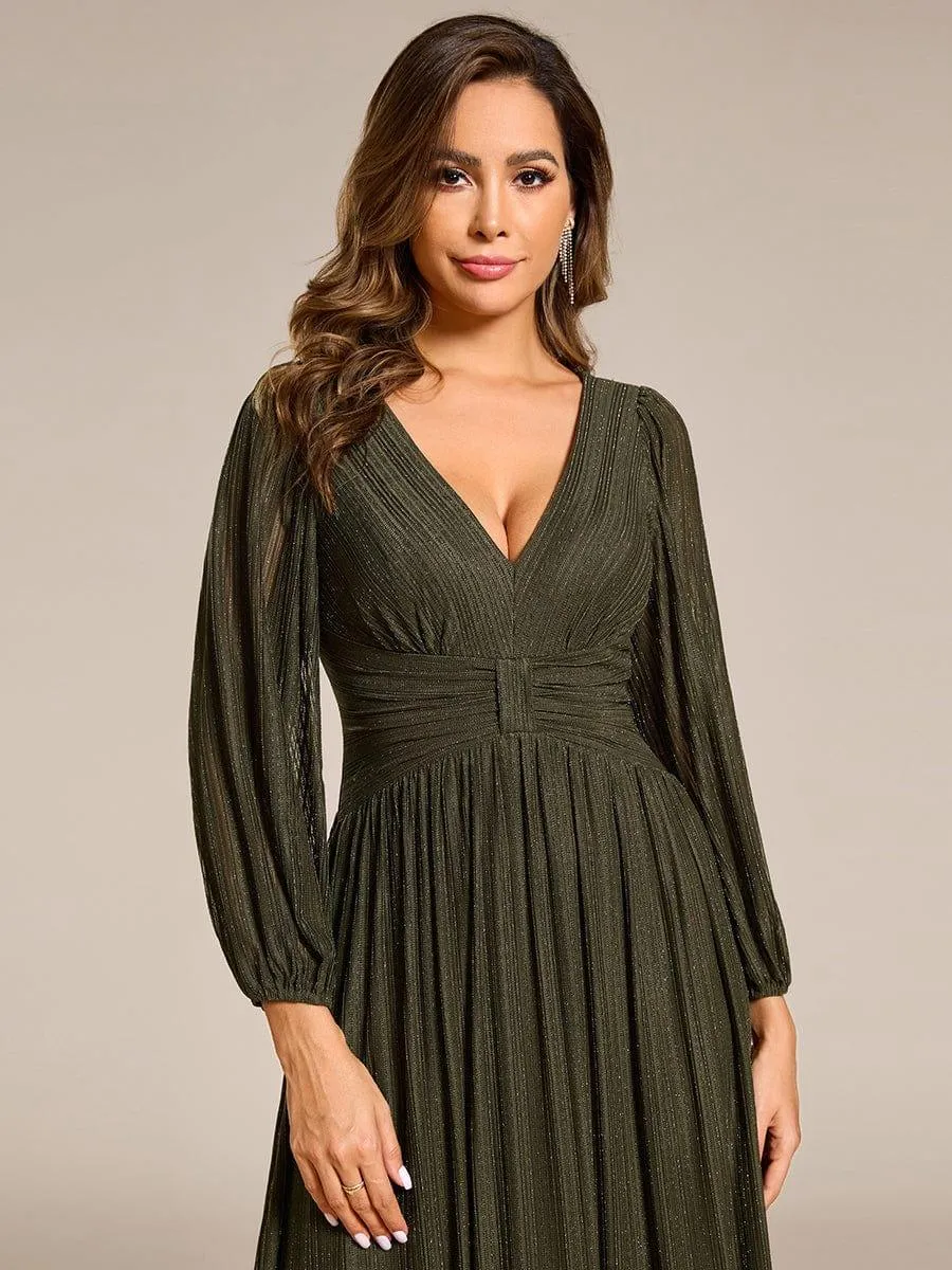 Robe de soirée trapèze à manches longues et taille empire scintillante