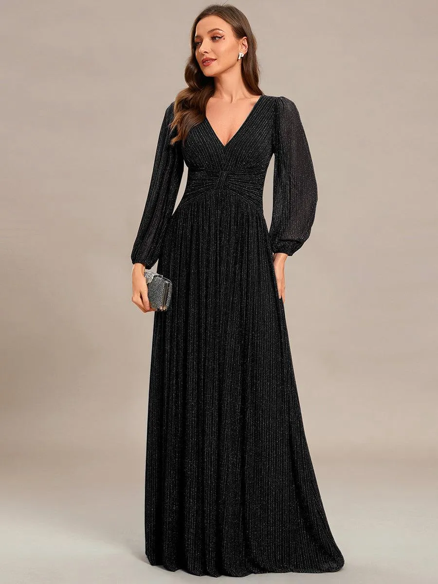 Robe de soirée trapèze à manches longues et taille empire scintillante