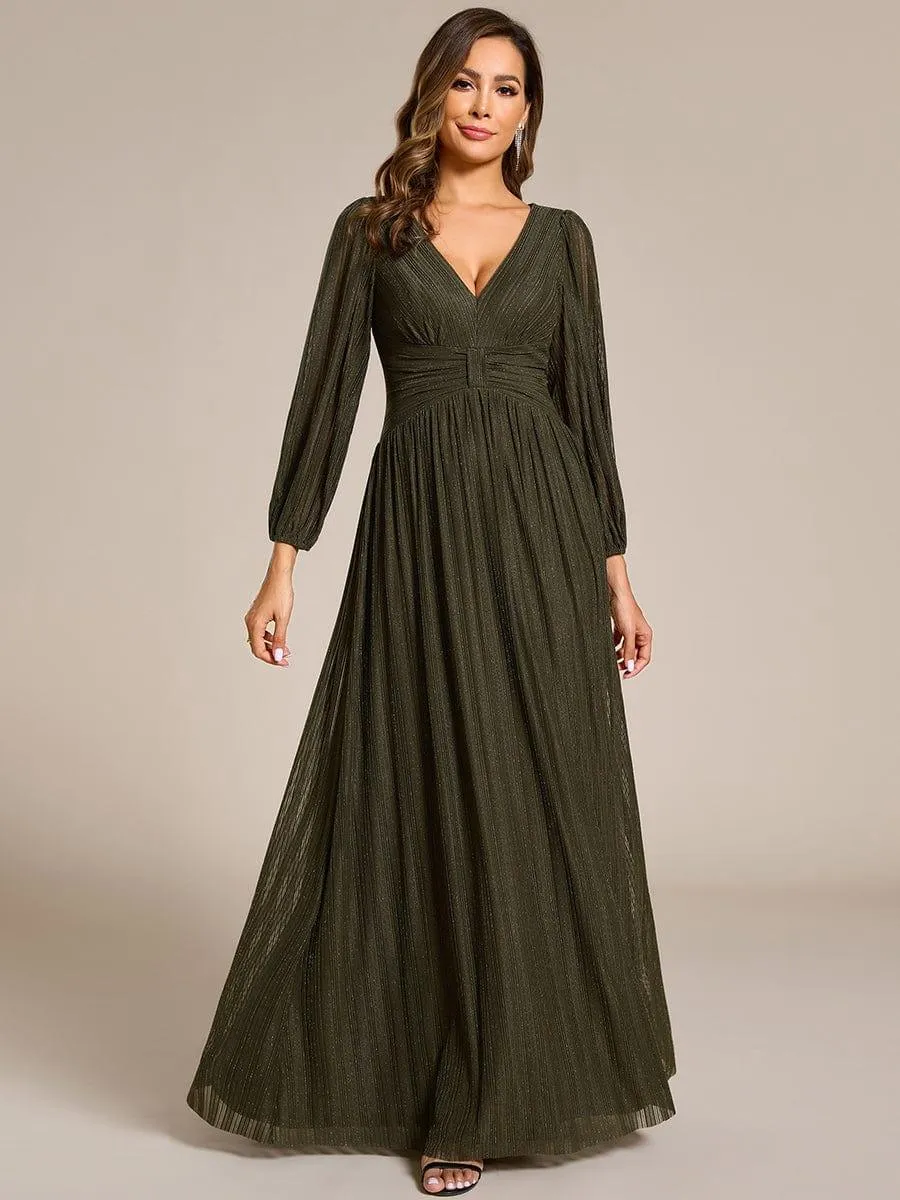 Robe de soirée trapèze à manches longues et taille empire scintillante