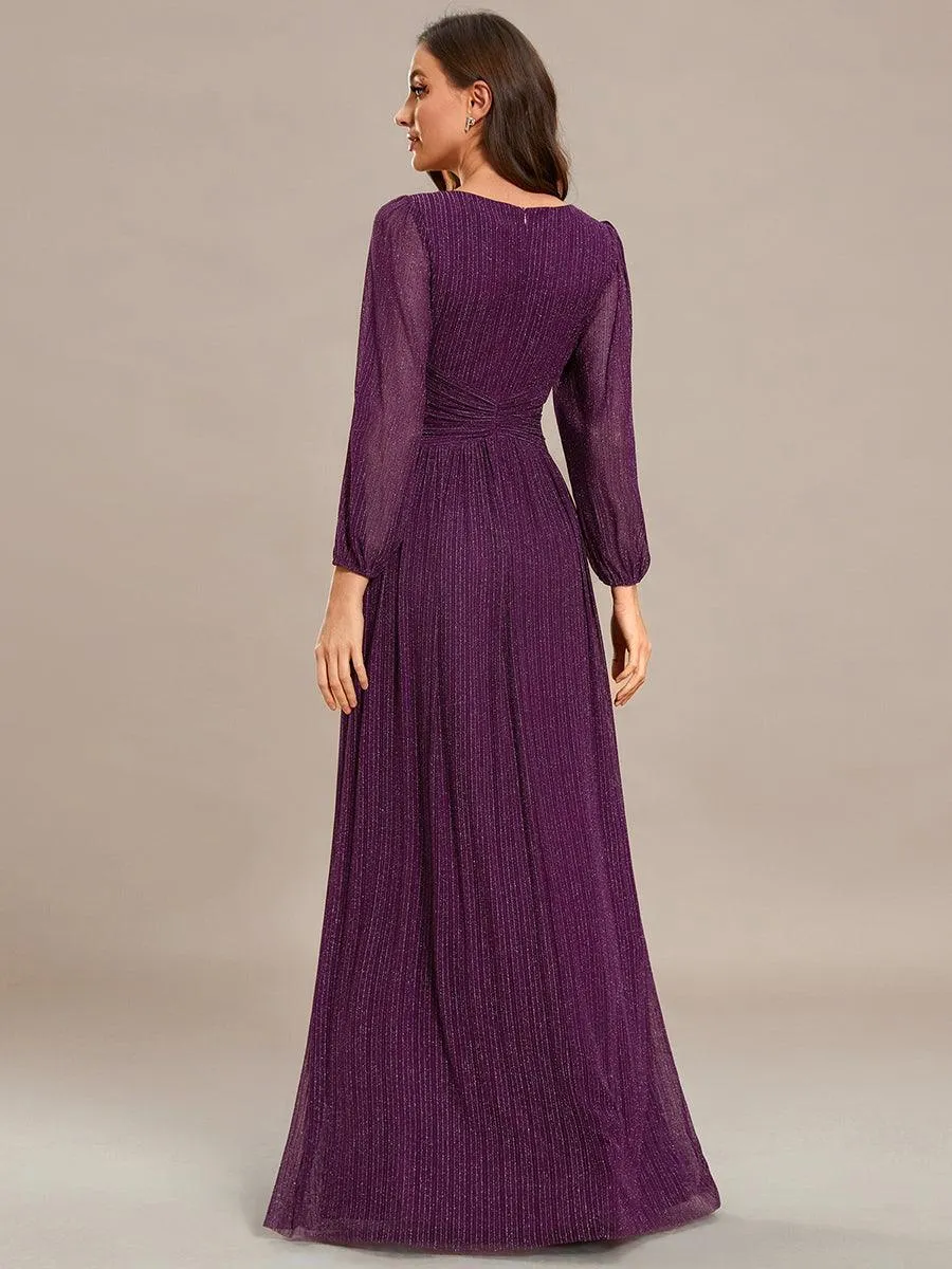 Robe de soirée trapèze à manches longues et taille empire scintillante