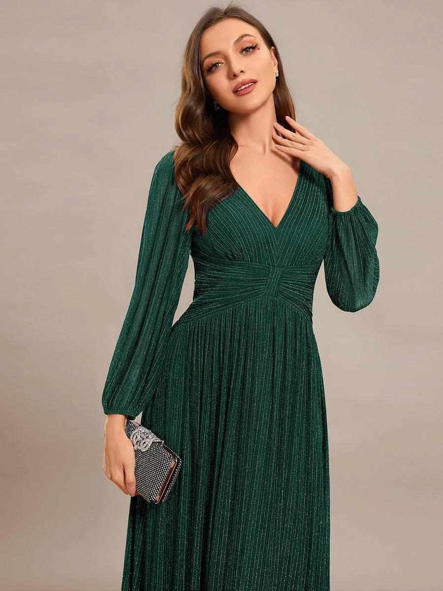 Robe de soirée trapèze à manches longues et taille empire scintillante