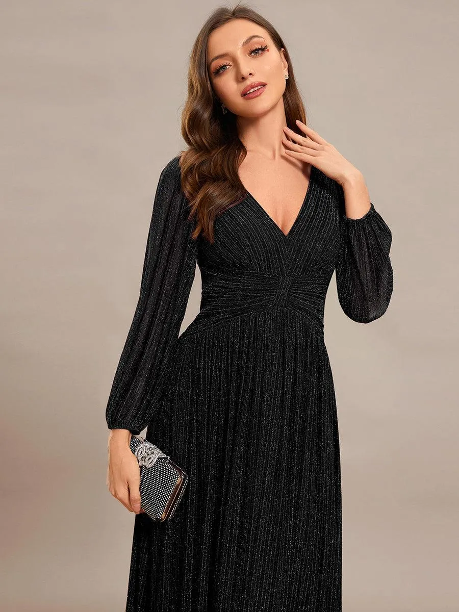 Robe de soirée trapèze à manches longues et taille empire scintillante