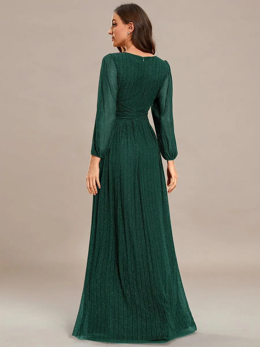 Robe de soirée trapèze à manches longues et taille empire scintillante