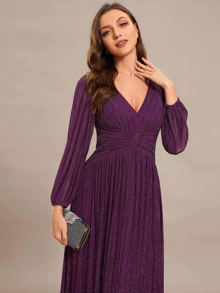 Robe de soirée trapèze à manches longues et taille empire scintillante