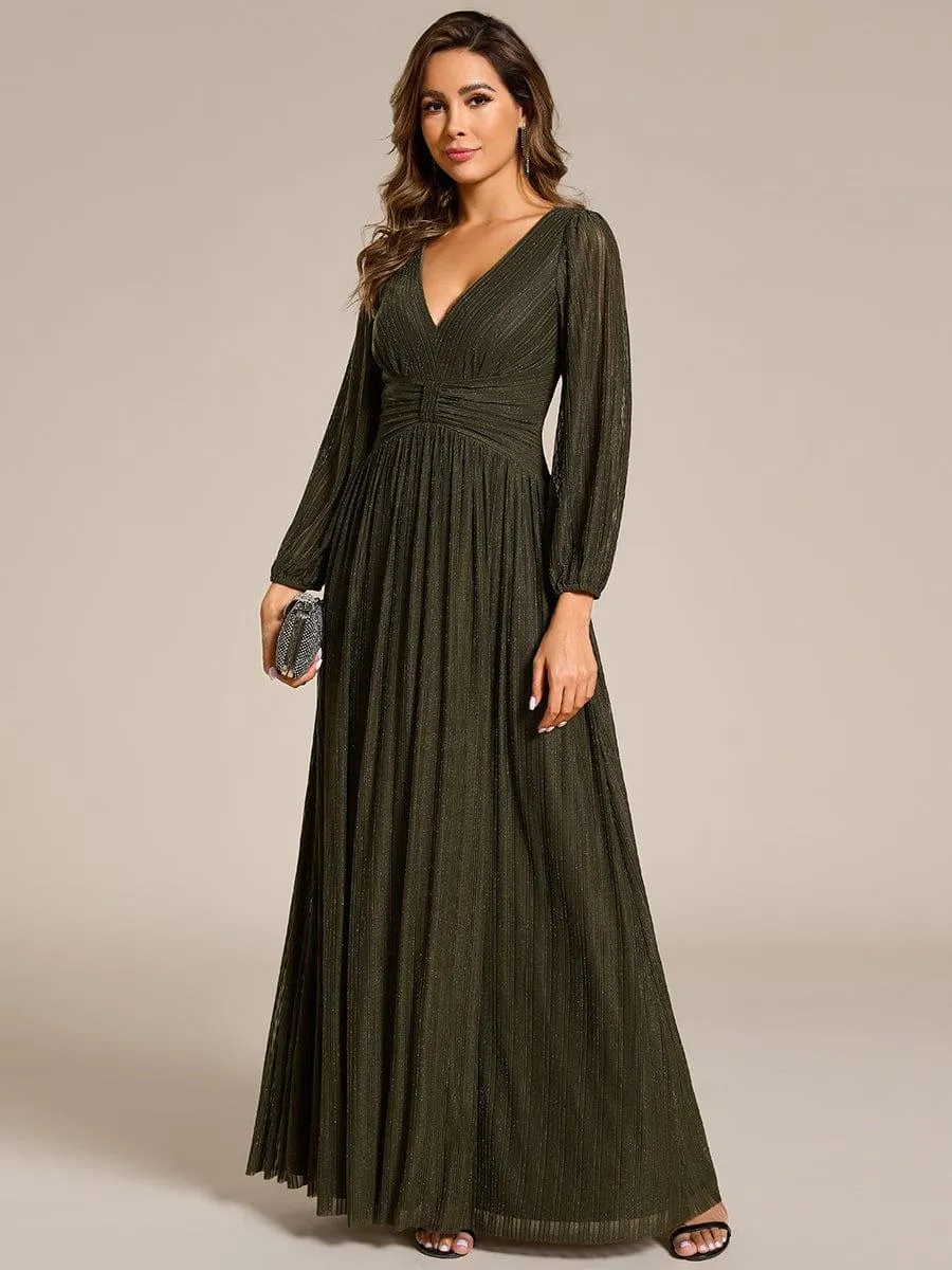 Robe de soirée trapèze à manches longues et taille empire scintillante