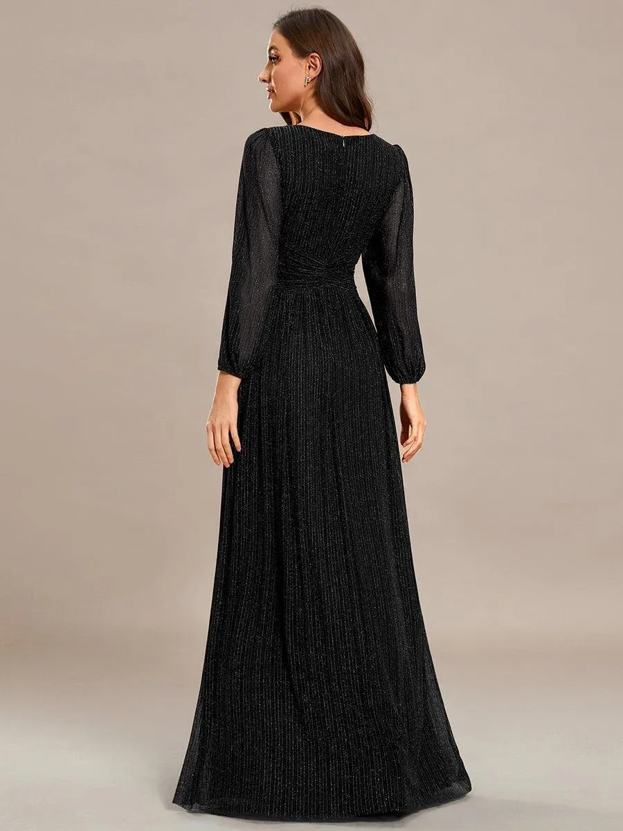 Robe de soirée trapèze à manches longues et taille empire scintillante