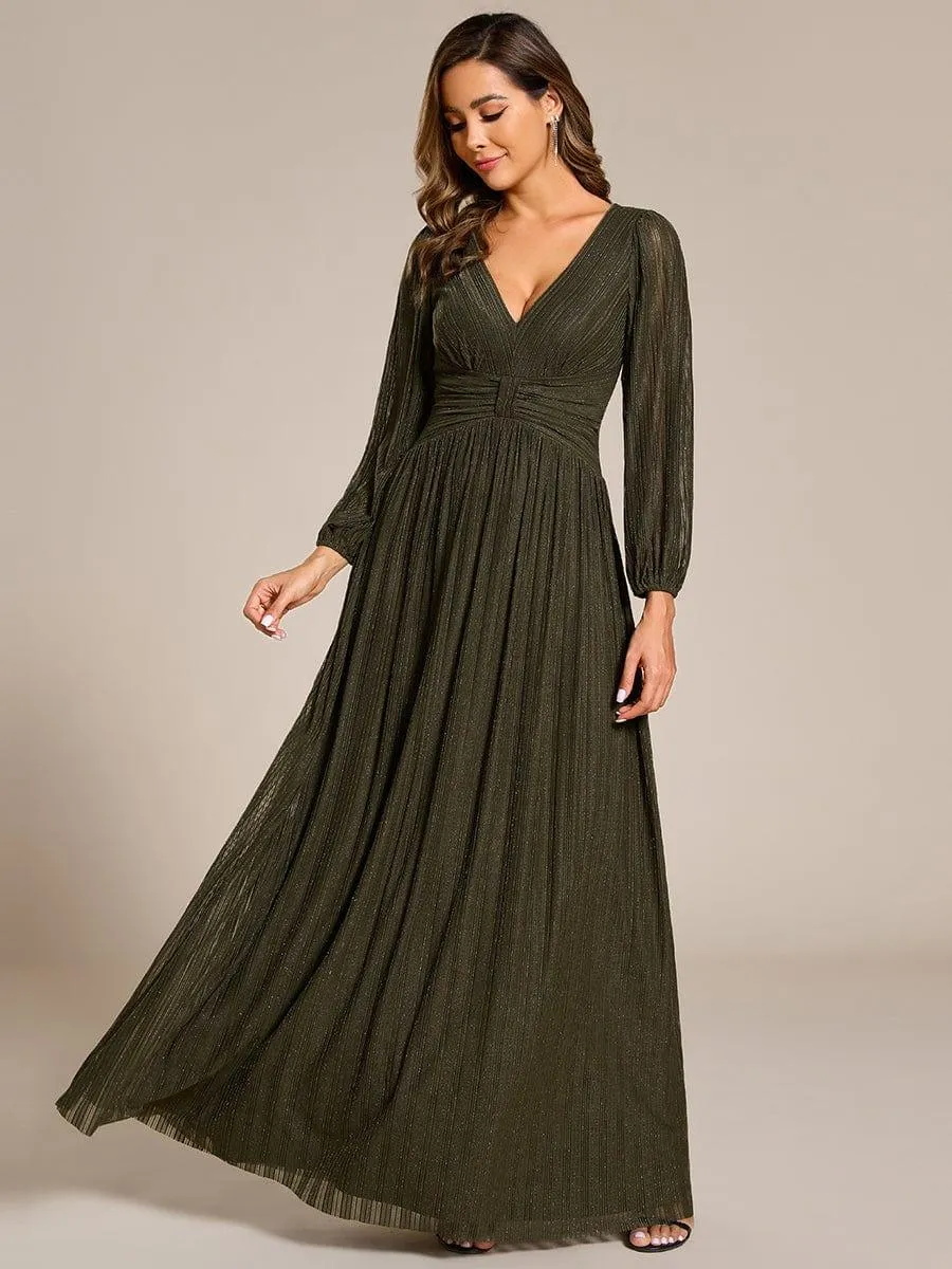Robe de soirée trapèze à manches longues et taille empire scintillante