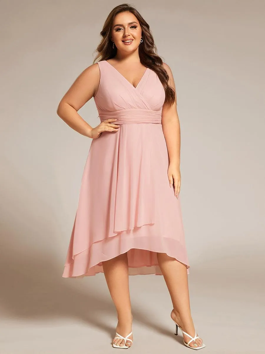 Robe d'invité de mariage élégante en mousseline de soie plissée sans manches à col en V