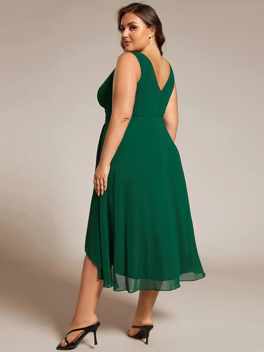 Robe d'invité de mariage élégante en mousseline de soie plissée sans manches à col en V
