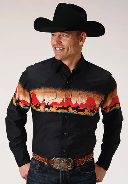 Roper Men's Long Sleeve Red Mesa Border Print Snap Shirt