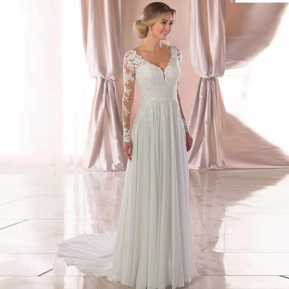 Roycebridal V Neck Long Wedding Dresses with Sleeves Open Back White Lace Applique Bridal Dress For Wedding Party Vestidos De Novia A-line