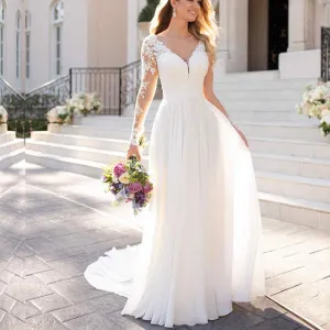 Roycebridal V Neck Long Wedding Dresses with Sleeves Open Back White Lace Applique Bridal Dress For Wedding Party Vestidos De Novia A-line