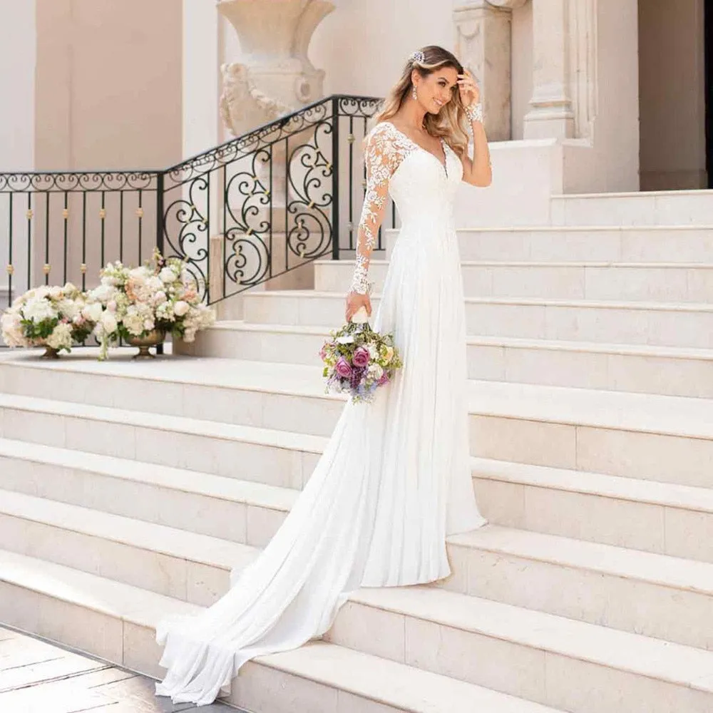 Roycebridal V Neck Long Wedding Dresses with Sleeves Open Back White Lace Applique Bridal Dress For Wedding Party Vestidos De Novia A-line