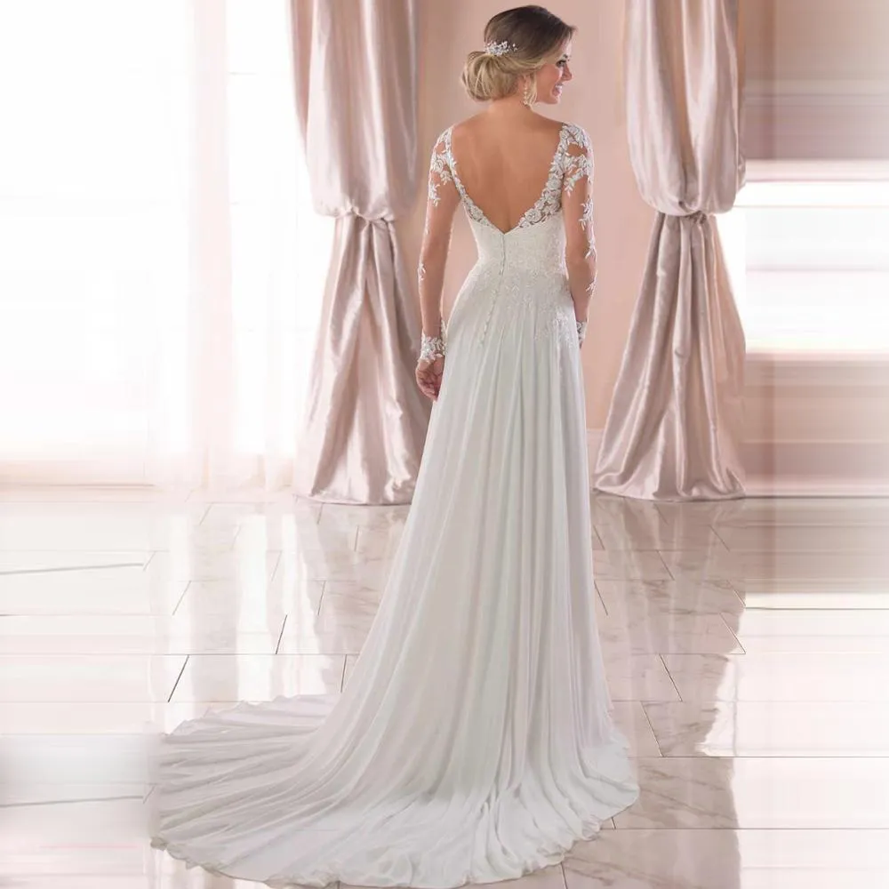 Roycebridal V Neck Long Wedding Dresses with Sleeves Open Back White Lace Applique Bridal Dress For Wedding Party Vestidos De Novia A-line