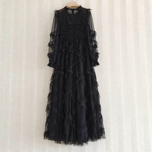 Runway Fashion Layered Tulle Dress Long Sleeve 3D Ruffles