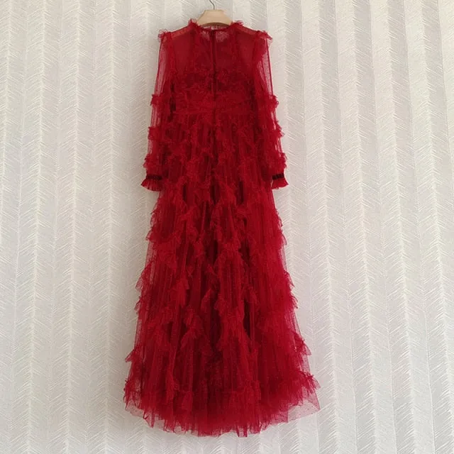Runway Fashion Layered Tulle Dress Long Sleeve 3D Ruffles
