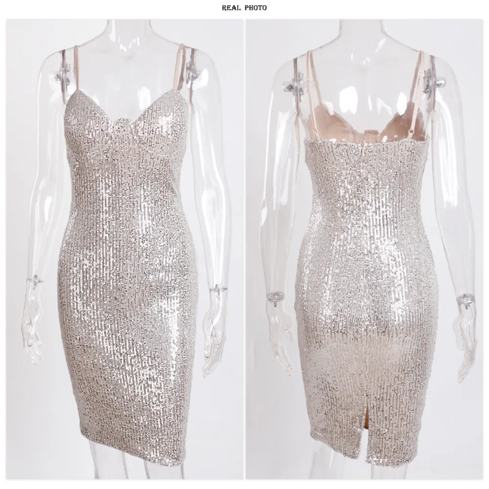 Sequin Night Out Cocktail Club Spaghetti Strap Backless Sexy Mini Party Dress
