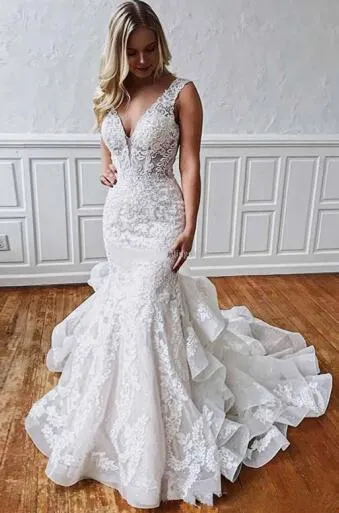 Sexy Mermaid Lace Backless Wedding Dress Deep V Neck & Ruffled Skirt
