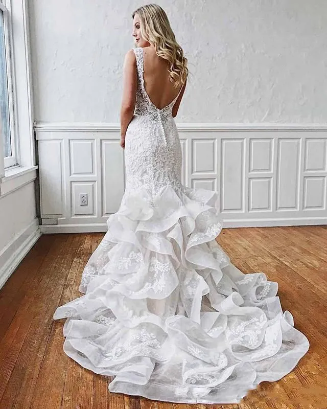 Sexy Mermaid Lace Backless Wedding Dress Deep V Neck & Ruffled Skirt