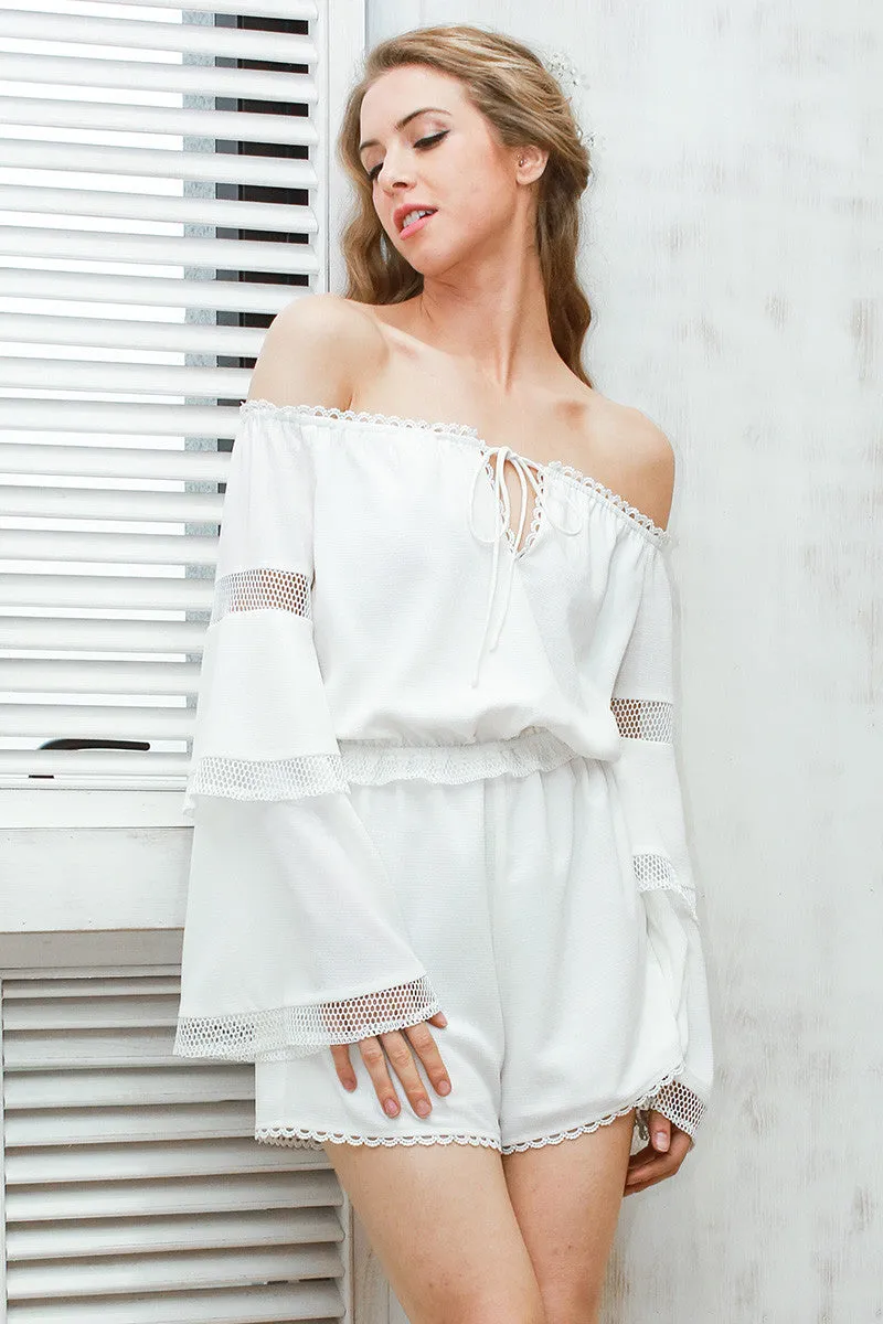 Sexy off shoulder hollow out jumpsuit romper Women elegant flare sleeve white overalls Casual ruffle summer playsuit