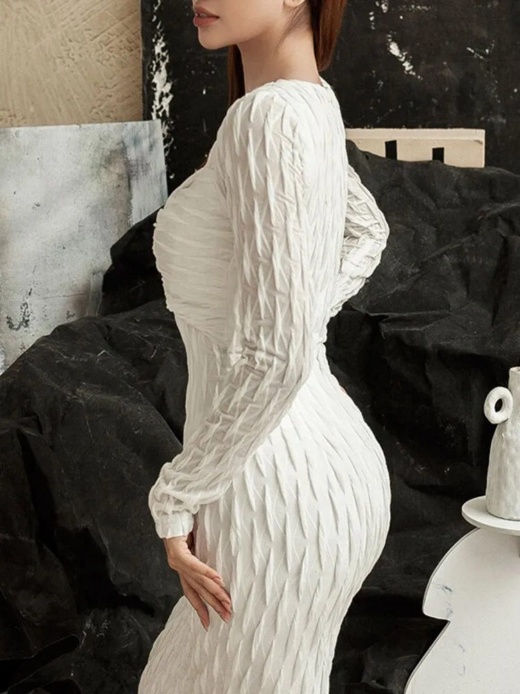 Sexy Slim Dress For Women Cut Out Pacthwork Folds Midi