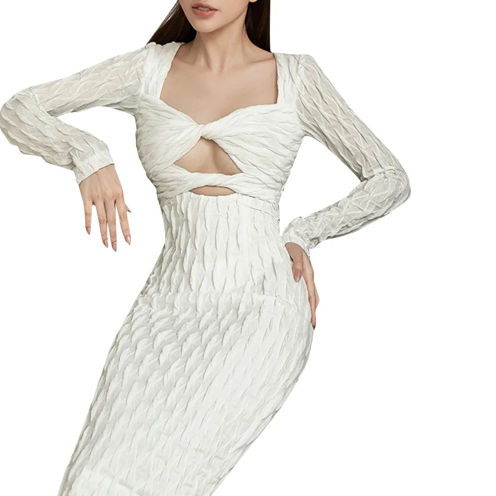 Sexy Slim Dress For Women Cut Out Pacthwork Folds Midi