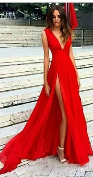 Sexy Slit Red Long Prom Dress