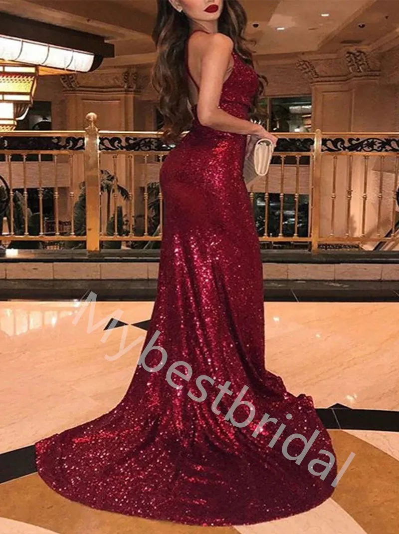 Sexy Spaghetti-straps Sleeveless Side slit Mermaid Prom Dresses,PDS0741