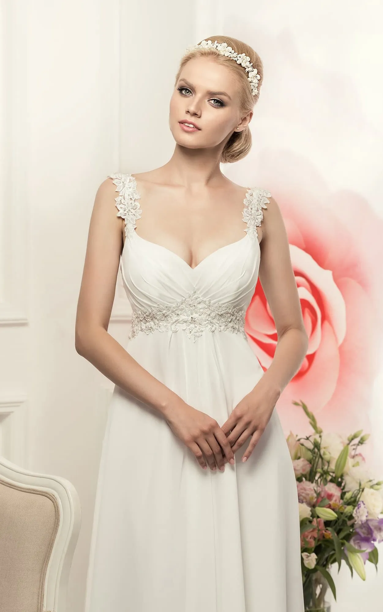 Sheath Long Straps Sleeveless Empire Corset-Back Chiffon Dress With Waist Jewellery And Pleats-714401