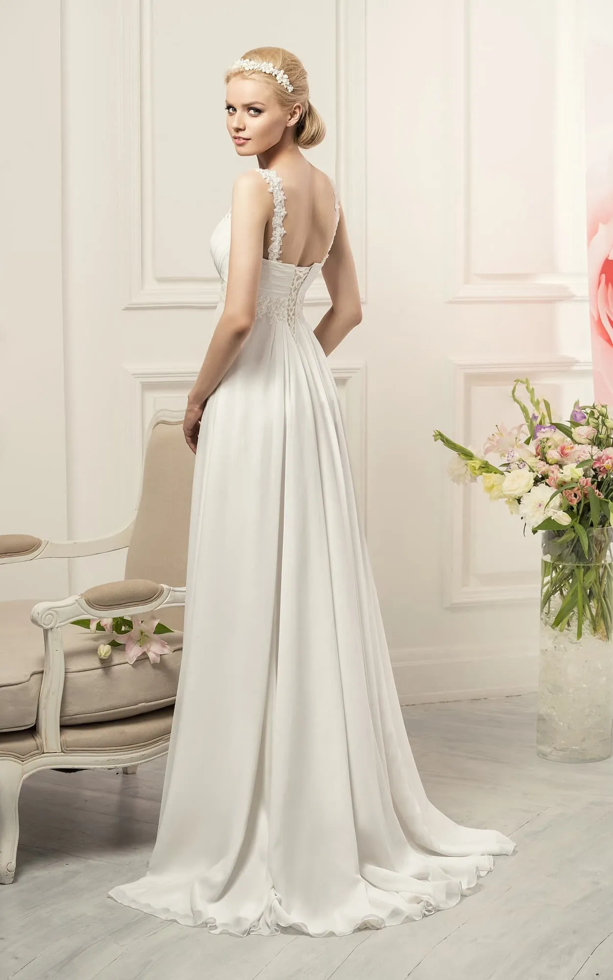 Sheath Long Straps Sleeveless Empire Corset-Back Chiffon Dress With Waist Jewellery And Pleats-714401