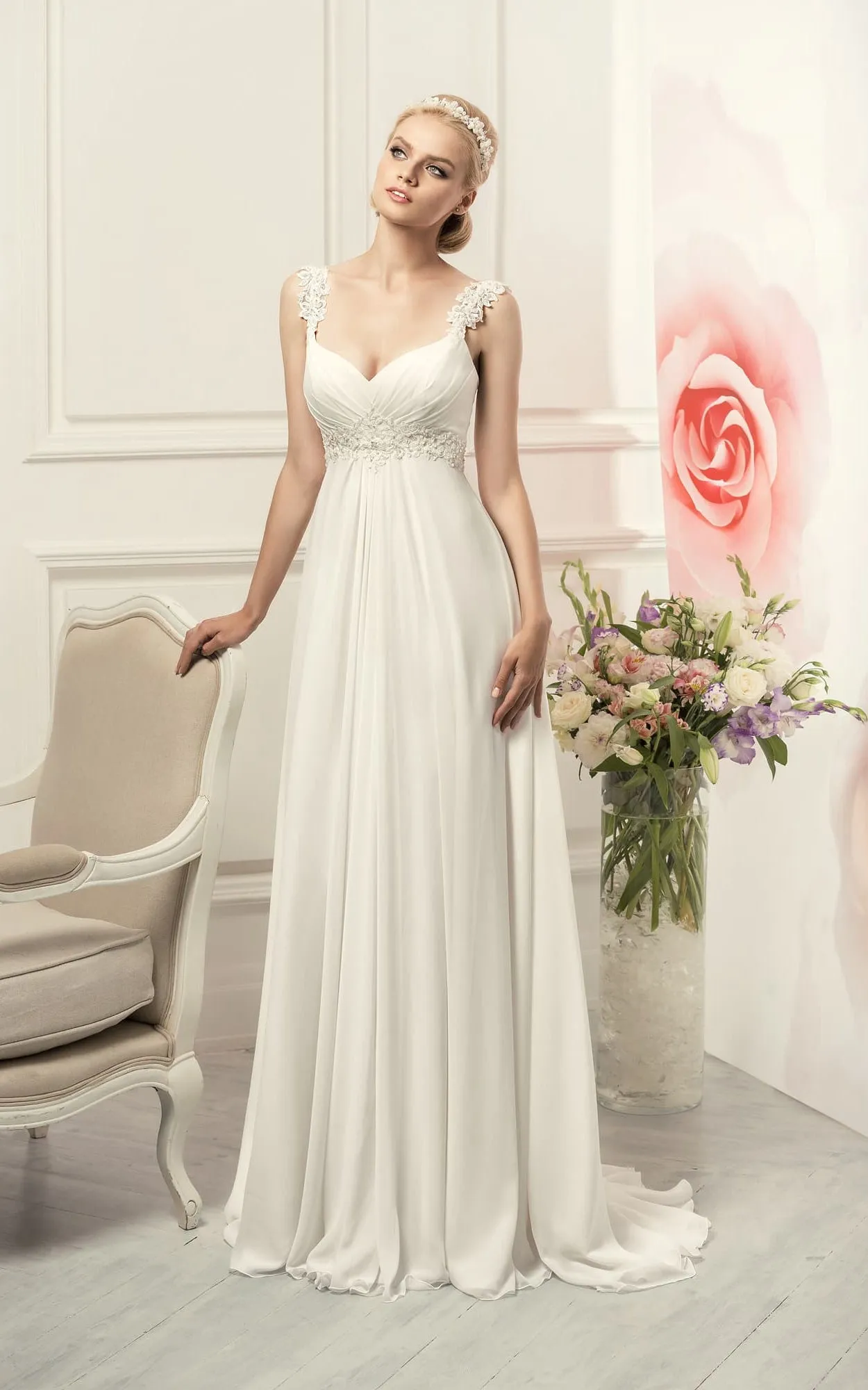 Sheath Long Straps Sleeveless Empire Corset-Back Chiffon Dress With Waist Jewellery And Pleats-714401