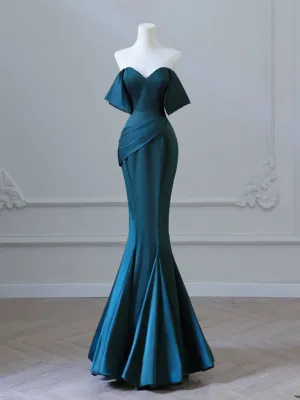 Simple Off Shoulder Satin Ink Blue Long Prom Dress, Ink Blue Long Formal Dress