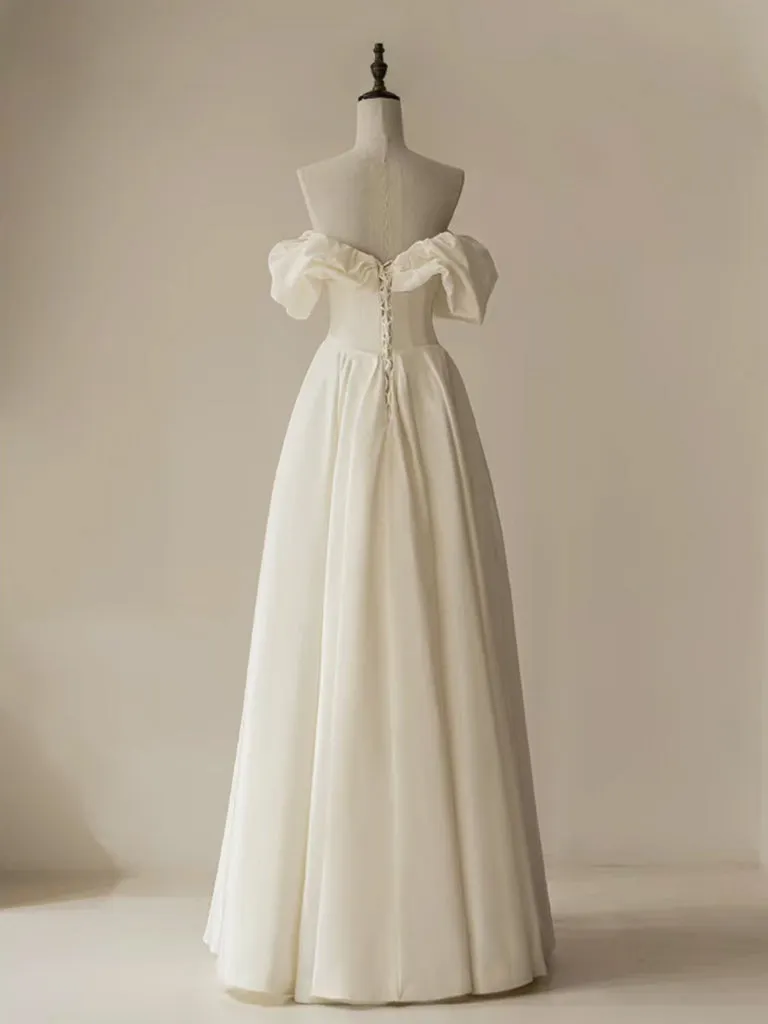 Simple Off Shoulder Satin ivory Long Prom Dress, ivory Long Formal Dress