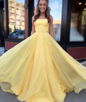 Simple yellow chiffon long prom dress, yellow evening dress