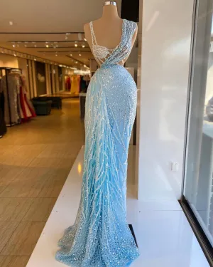 Sky Blue Crystals Beaded Sleeveless Mermaid Long Length Dress