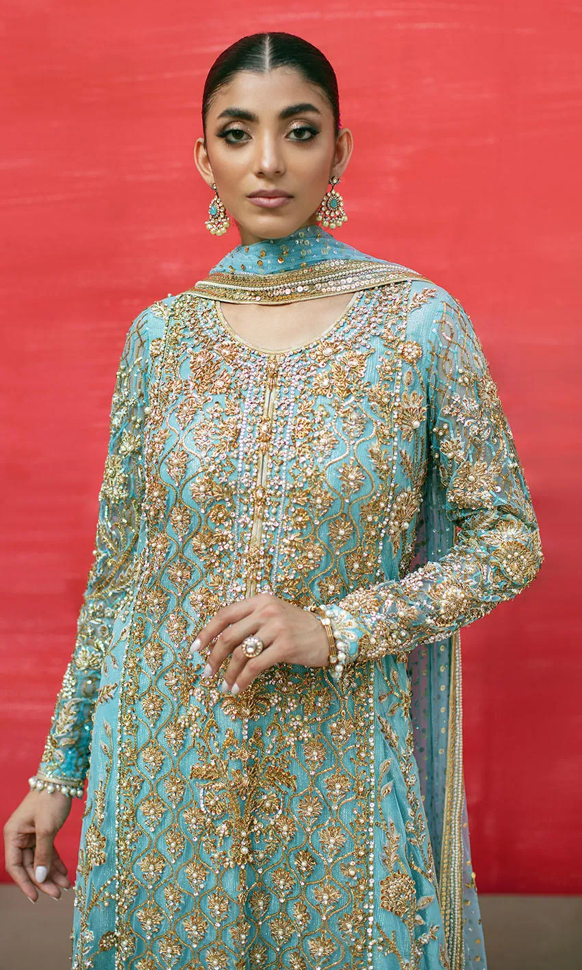 Sky Blue Long Kameez Trouser for Pakistani Wedding Dresses