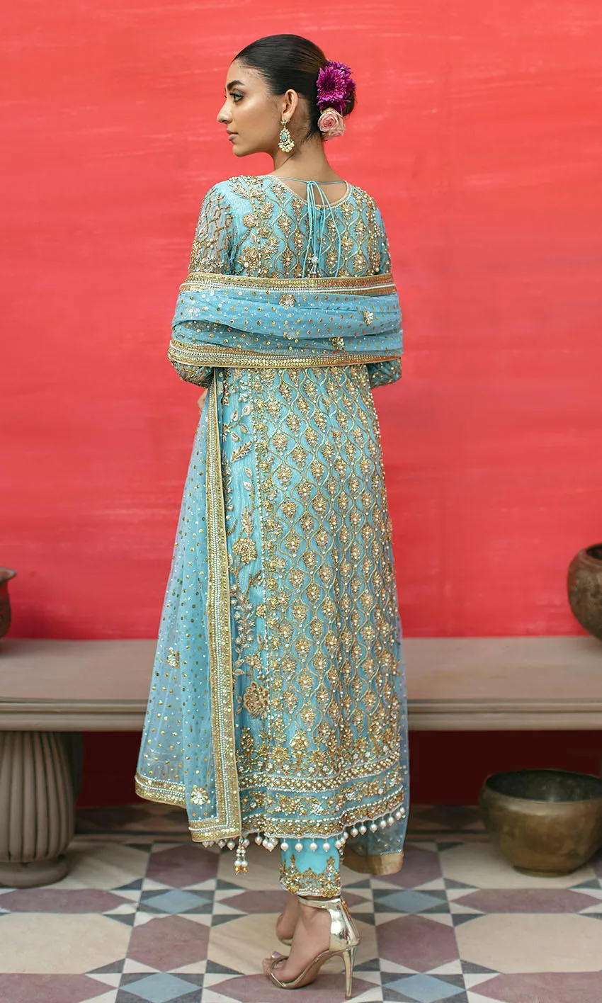 Sky Blue Long Kameez Trouser for Pakistani Wedding Dresses
