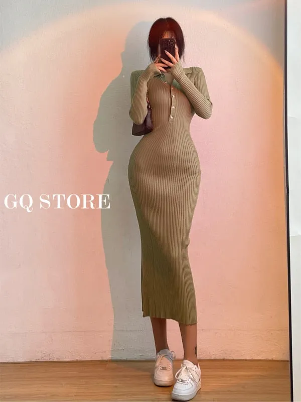 Slim Body Button Maxi Long Dress Long Sleeve Fishtail Dresses