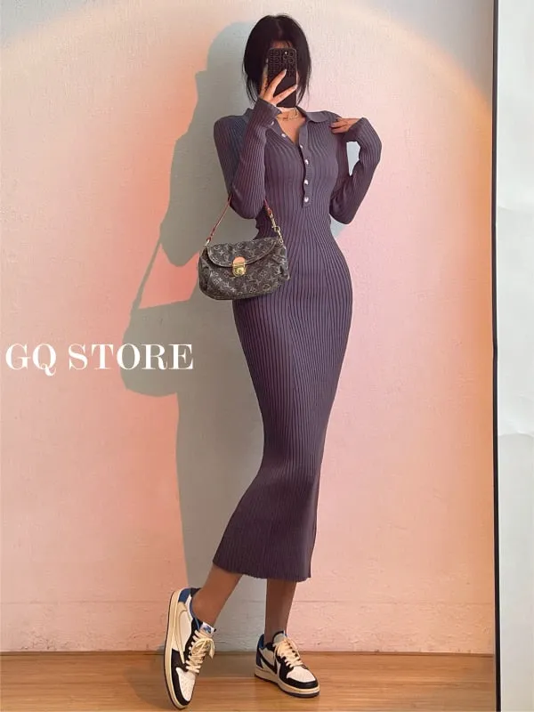 Slim Body Button Maxi Long Dress Long Sleeve Fishtail Dresses